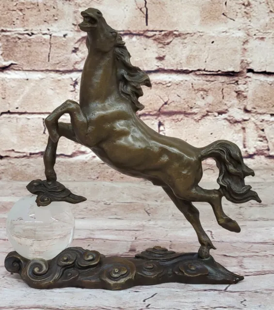 Art Deco Bronze Horse Statue On Crystal Ball Signed Original Artwork By Milo Art
