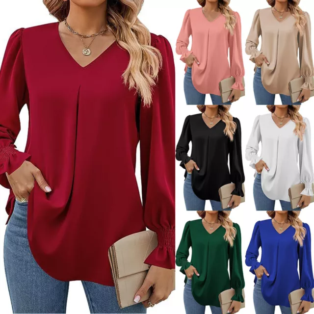 Womens V Neck Plain T Shirt Blouse Ladies Long Sleeve Casual Loose Pullover Tops