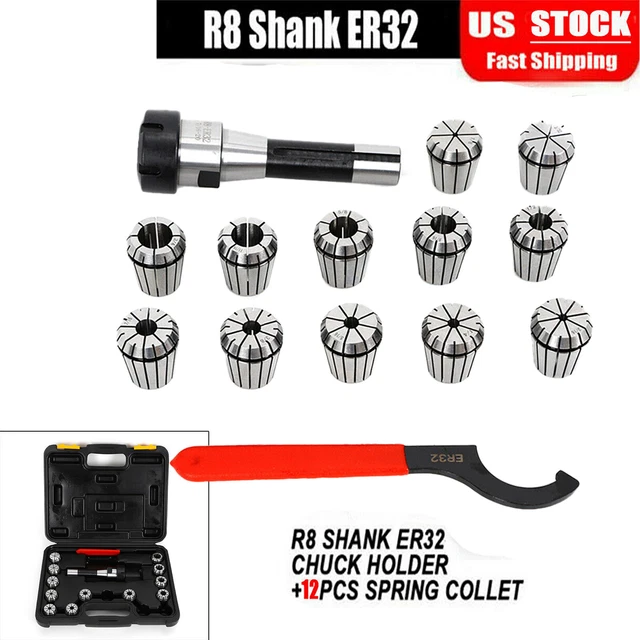 R8 Shank ER32 Collet Chuck Holder + 12Pcs Collets CNC Milling Lathe Set w/ Box