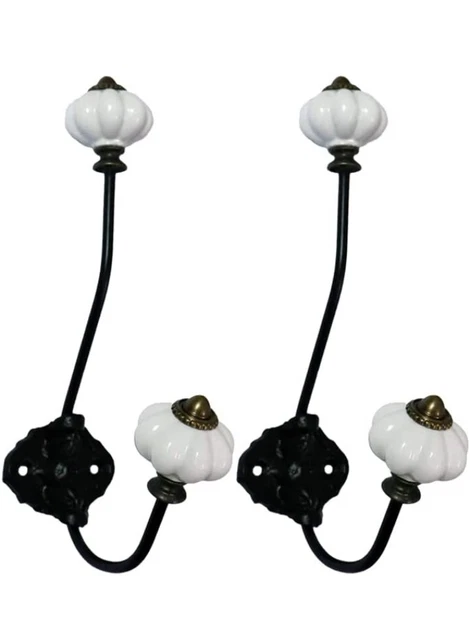 Antique Victorian Coat Hook Ceramic Knobs Cast Iron Double Hooks Set 2 White/Blk