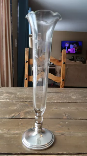 Vintage 10.75" Sterling Silver Etched Glass Flower Vase