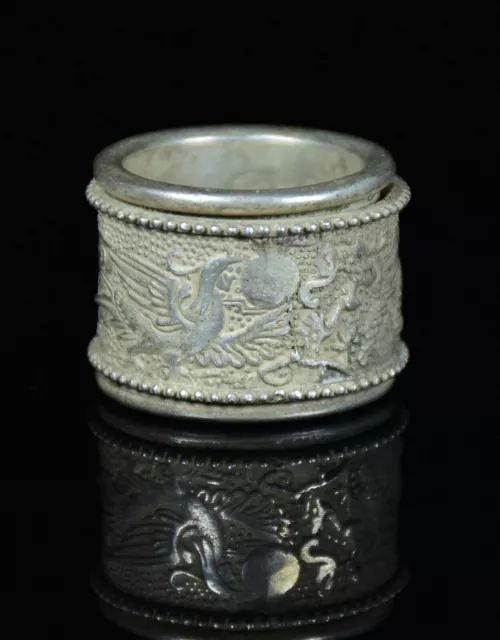 3CM Rare Old Chinese Miao Silver Feng Shui Dragon Phoenix Luck Jewelry Ring