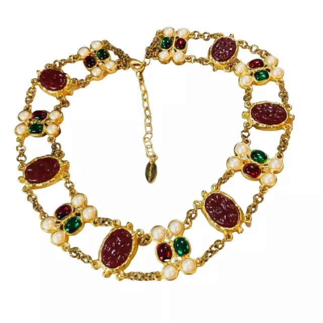 Catwalk Jon Green Red Faux Pearl Glass Resin Gold Tone 16-18" Choker Necklace