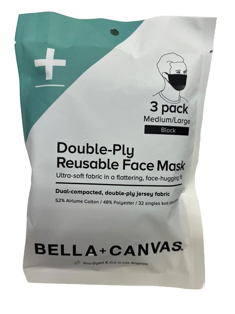 New Bella+Canvas Brand Black REUSABLE FACE MASK Double-Ply Medium/Large 3 Pack