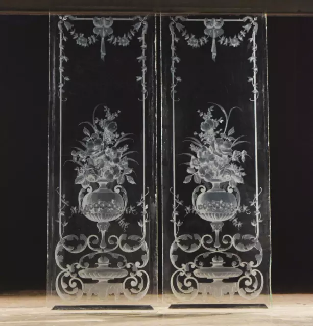 47" Tall Pair of Antique French Etched Beveled Glass Windows Frosted Glass