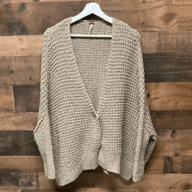 Free People Women’s Size XS Oversized Knit Cardigan Taupe Snap Front Linen Tan