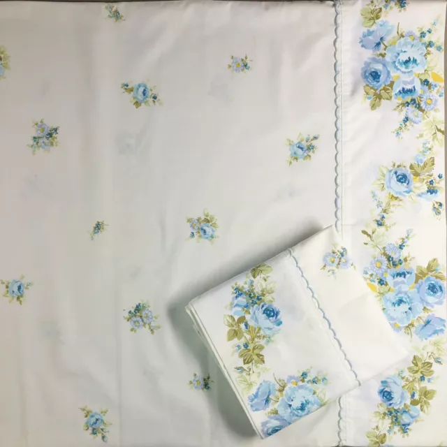 Pair Vtg Sears Perma Prest French Bouquet Percale Pillowcases Blue Rose Cottage