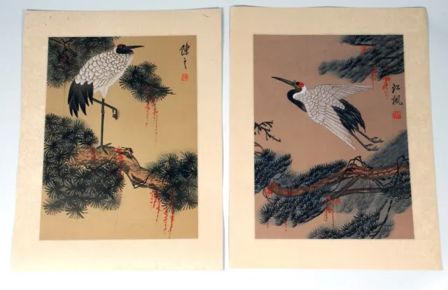 Signed Vintage Japanese Silk Paintings Depicting Cranes