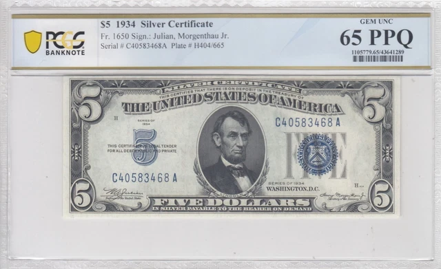 1934 $5 Silver Certificate Fr. 1650 PCGS Banknote Gem Unc 65 PPQ