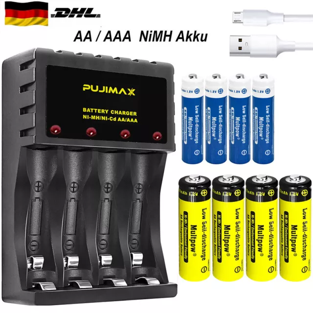 4x AA/AAA Akku Batterien Wiederaufladbar Accus NiMH 1100/2600 mAh Mit Ladegerät