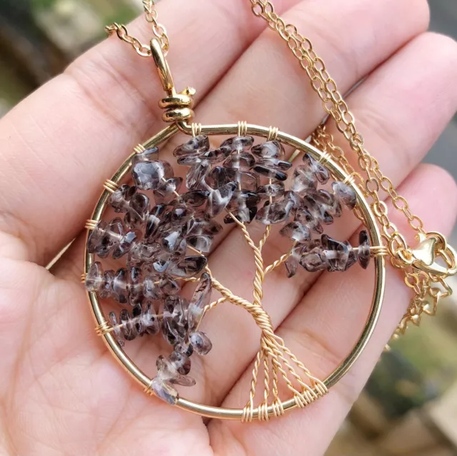 Tea Crystal Gem Tree Of Life Water-Drop Necklace Chakra Reiki Healing Amulet