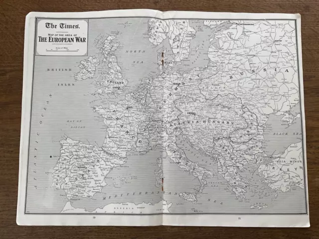 Antique WW1 Print 1914 Map of Area of The European War World War 1 by The Times