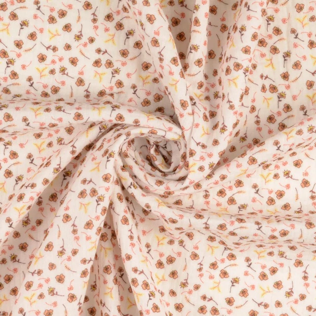 Tissu Coton Popeline Liberty Imprimé Fleurs Saumon Et Vert - Largeur 1,45m - Vente Au Mètre