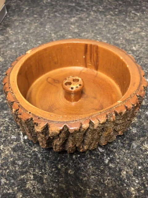 Ellwood Vintage MCM Rusticware Tree Bark Wooden Nut Bowl & Nut Cracker Holder
