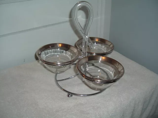Vintage Dorothy Thorpe Condiment Server Silver Band Glass Lucite Chrome Caddy