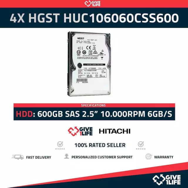 4 X Hitachi SAS Enterprise HUC106060CSS600, 600 Go 10K SAS 2,5" POUR SERVEURS -