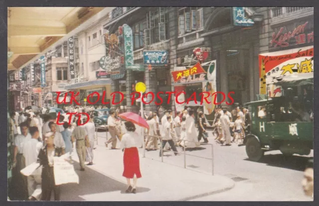 HONG KONG - Queen's Road Central, 1950's Busy  Street Scene Postcard