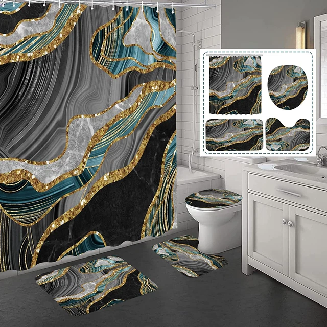 BLUE MARBLE SHOWER Curtain Sets with Rugs 4 Pcs, Grey Gold Abstract Ink