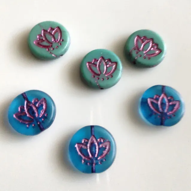 Schmuckherstellung, 6 Stück böhmische Glasperlen rund "Lotus, Farbe: lila"