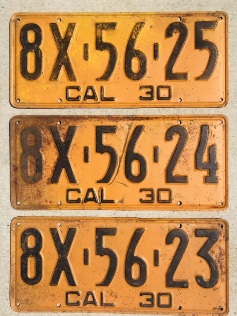 1930 California License Plates Three Consecutive Numbers.