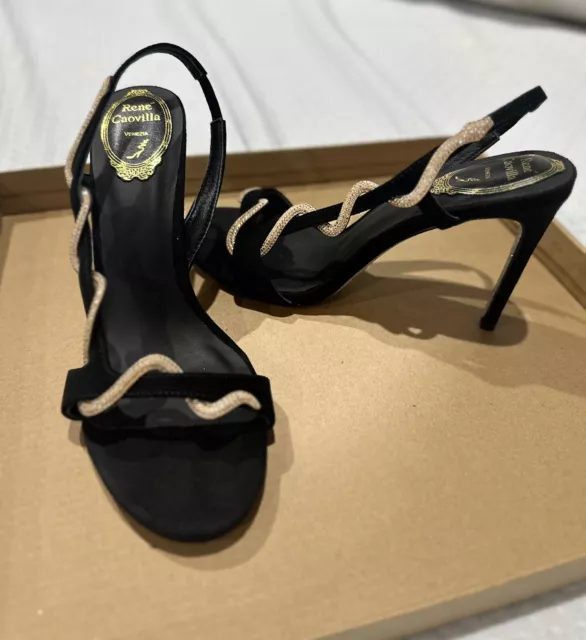 Rene Caovilla Black Suede With Gold Snake Heels Size 38