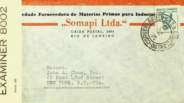 BRAZIL 1942 5000rs ON CENSORED AIRMAIL COVER FROM RIO DE JANEIRO TO NEW YORK USA