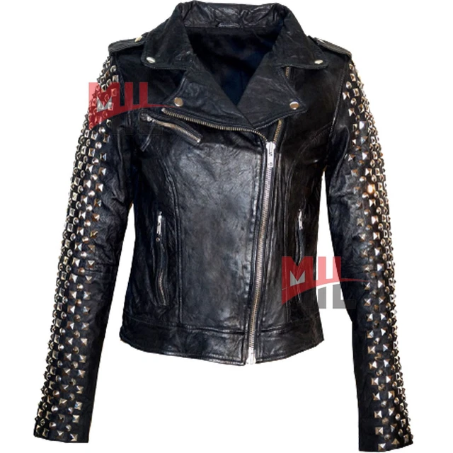 Handmade Women Black Fully Stud On Sleeve Genuine Lambskin Pure Leather Jacket