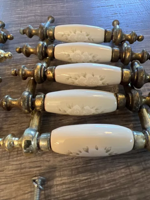 11-Cream Porcelain Floral Drawer Pulls Handles GOLD-TONE Cottage Core Maximal 3