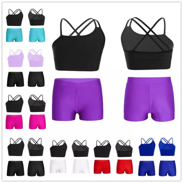 Kids Girls 2 Piece Outfits Crop Tops with Shorts Dancewear Gymnastics Activewear