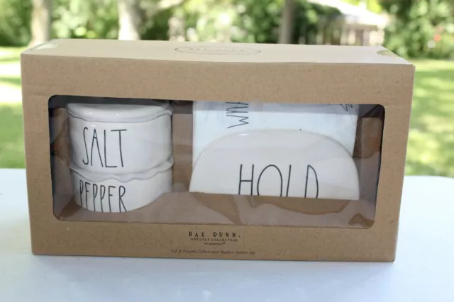 New! Rae Dunn SALT PEPPER cellars + HOLD Napkin Holder +  YUM napkins - Rea Dun