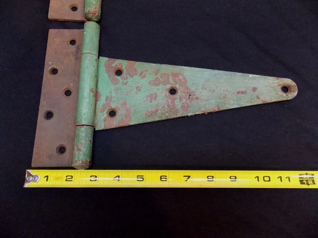 2 vtg 10" T strap hinges Rusty Farm gate barn 12" overall Lrg pair Green paint 2