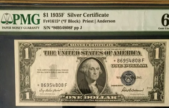 $1 1935F Silver Certificate, Star * , Pmg65 Epq Gem Uncirculated Priest/Anderson