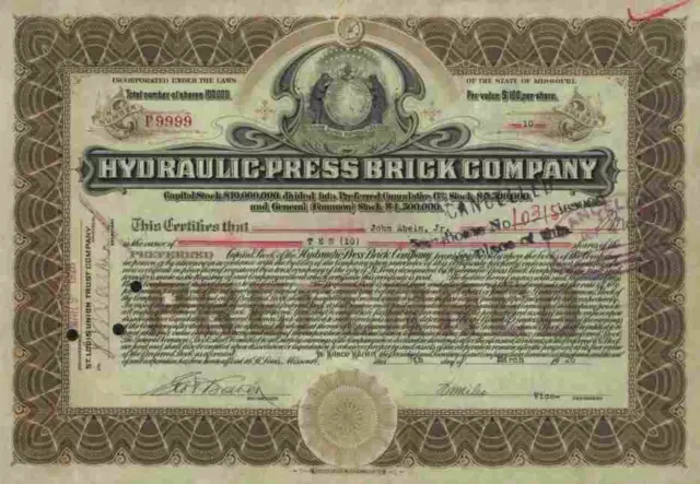 Hydraulic Press Brick Company 1926 St. Louis Missouri Western Banknote Chicago #