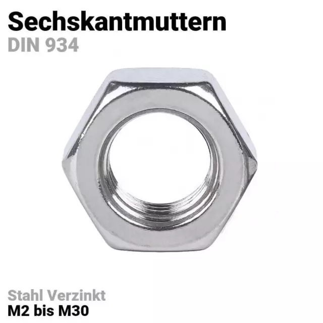 Sechskantmuttern Verzinkt Stahl DIN 934 Kl. 8 Metrisch Gewindegrößen M2 bis M30