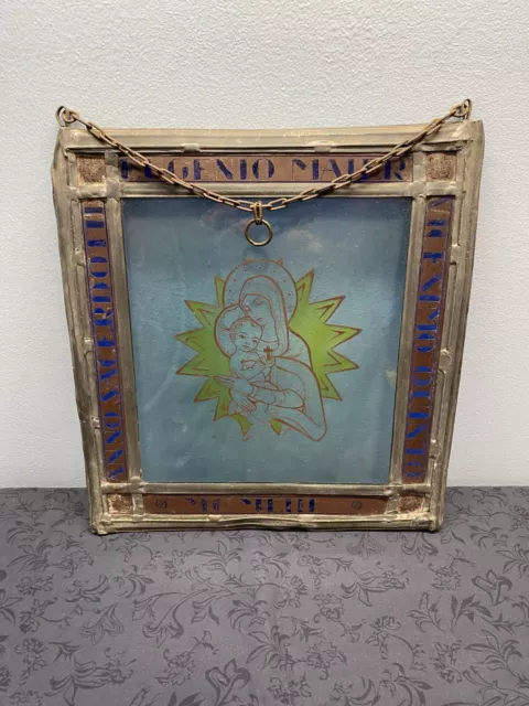 Vintage Stained Glass Window With Mary And Jesus