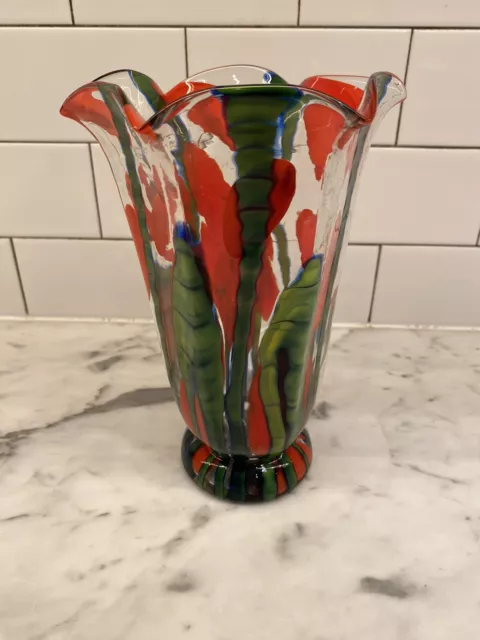 Rare Kralik / Steinwald Bambus Vase - Boho Czech Glass - Ruffled - Art Nouveau!!