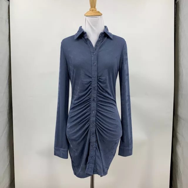 LA Hearts Long Sleeve Button Front Dress S Small Pacsun Blue Cinched Bodycon Fit 2