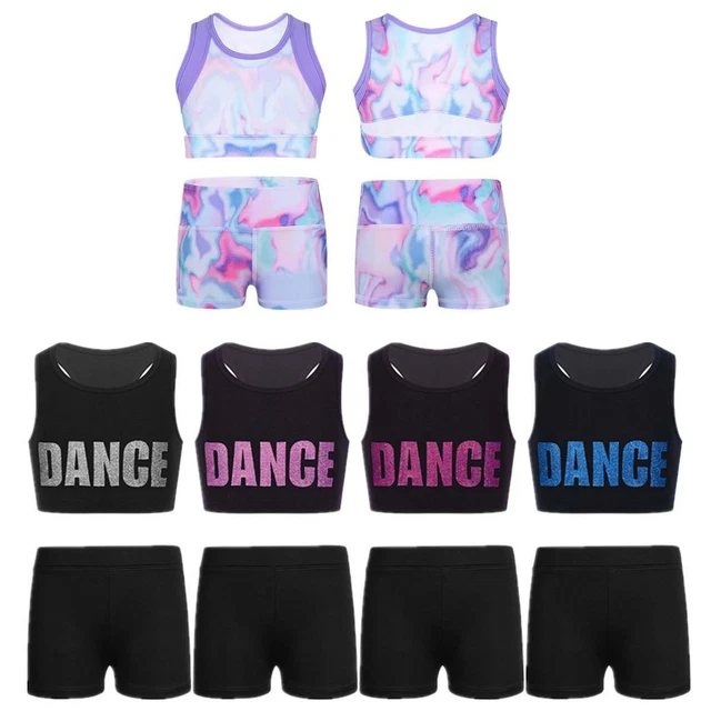 Girls Athletic Dance Crop Tops Shorts Tracksuit Sports Workout Gymnastics Outfit