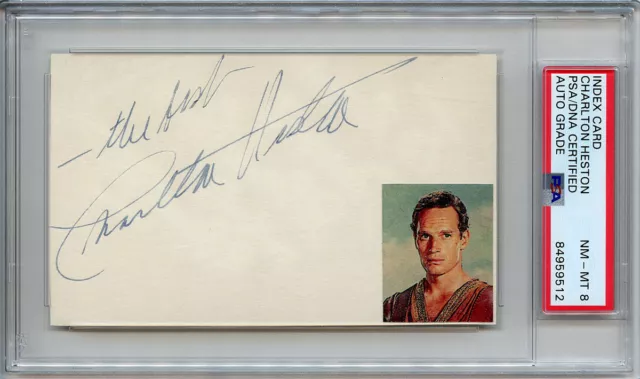 Charlton Heston Planet Of The Apes 1968 Autograph Auto Signed Card Psa Nm-Mt 8