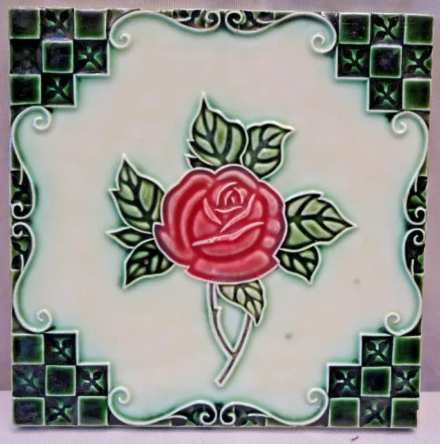 Vintage Porcelain Tile Rose Geometric Design Dk Japan Art Nouveau Majolica # 216