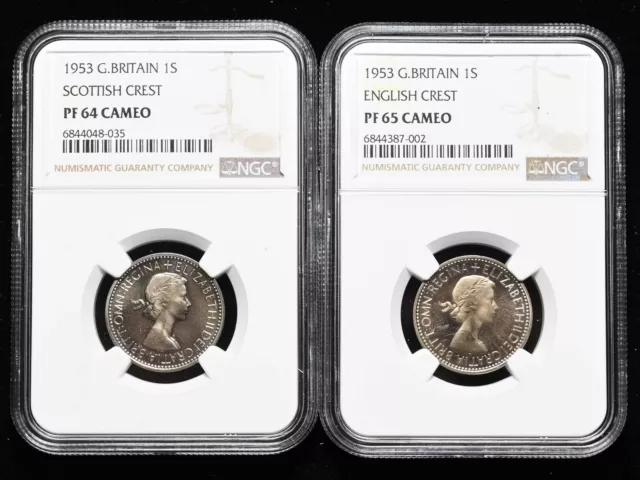 GREAT BRITAIN 1953 Elizabeth II Coronation Proof Shilling, Both types, NGC lot