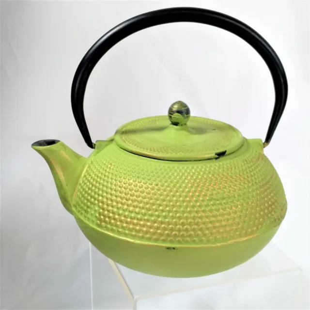 Lime Green Gold Undertones Cast Iron Teapot Kettle 32 Oz Japanese Hobnail