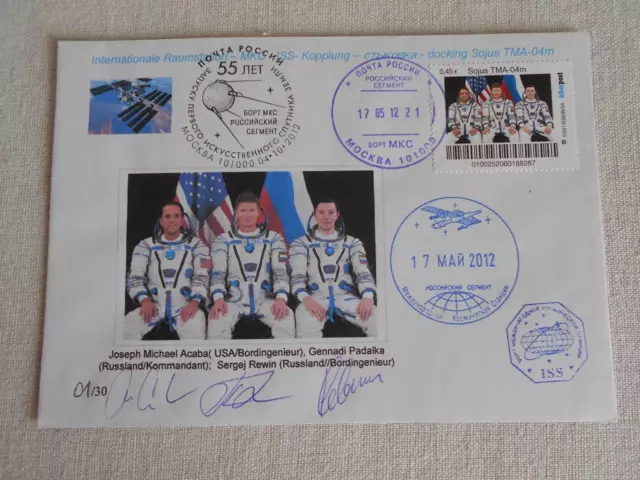 Sojus TMA-04M geflogene ISS Bordpost 3x Originalunterschrift Space