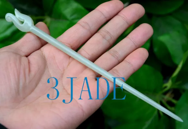 White Nephrite Jade Fish Hook Hei Matau Hair Stick / Hairpin NZ Maori Style