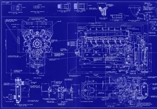 PACKARD V-1650 ENGINE PLAN BLUEPRINTS & TECHNICAL DATA RARE DETAIL 1940's Merlin