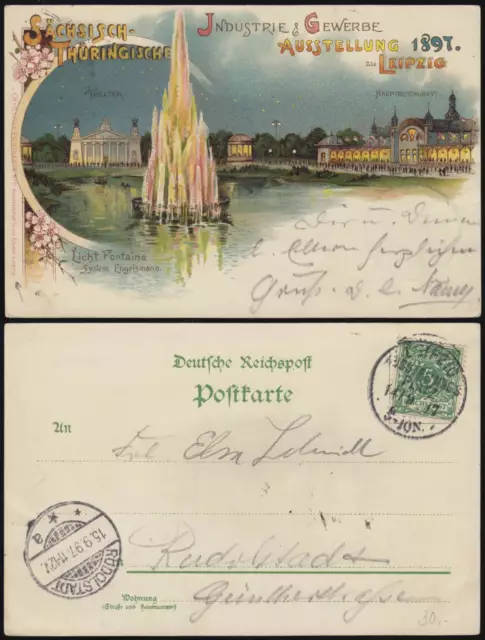 SACHSEN 1897 PK Farblitho 400. Jahre Leipziger Messe Wasserfontäne Theater SoSt