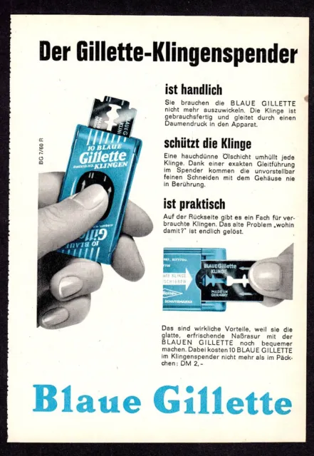 3w7504/ Alte Reklame von 1960 – Blaue GILLETTE – Der Gillette-Klingenspender