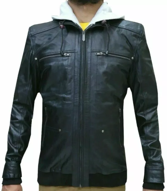 Uomo con Cappuccio Giacca Bomber IN Pelle Originale D'Agnello Cuoio Moto Nera