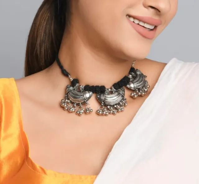 Ethnic Indian Traditional Bollywood Afghani Silver Oxidized Choker Necklaces Set