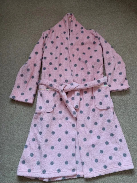 Girls M&S Peach/ Pink Spot Fleece Dressing Gown Age 9-10 Years, Good Condition